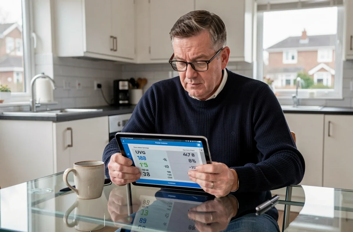 Homme comparant plusieurs scénarios de frais kilométriques sur une tablette dans une cuisine moderne