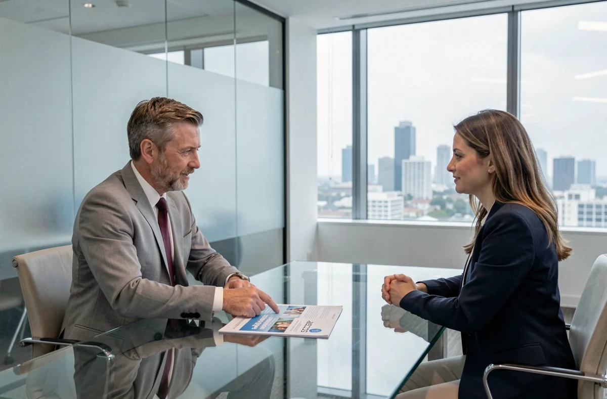 Conseiller financier expliquant l'investissement en SCPI via assurance-vie à un couple dans un bureau moderne vitré