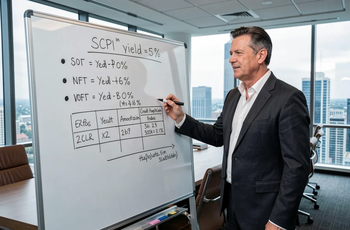 Un conseiller financier explique les rendements et le financement à crédit des SCPI sur un tableau en salle de réunion