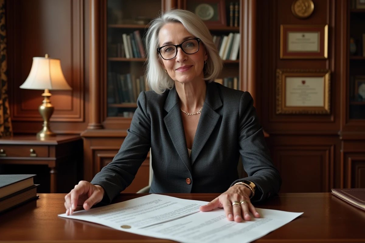Conseillère notariale expliquant un acte de propriété dans un cabinet notarial traditionnel