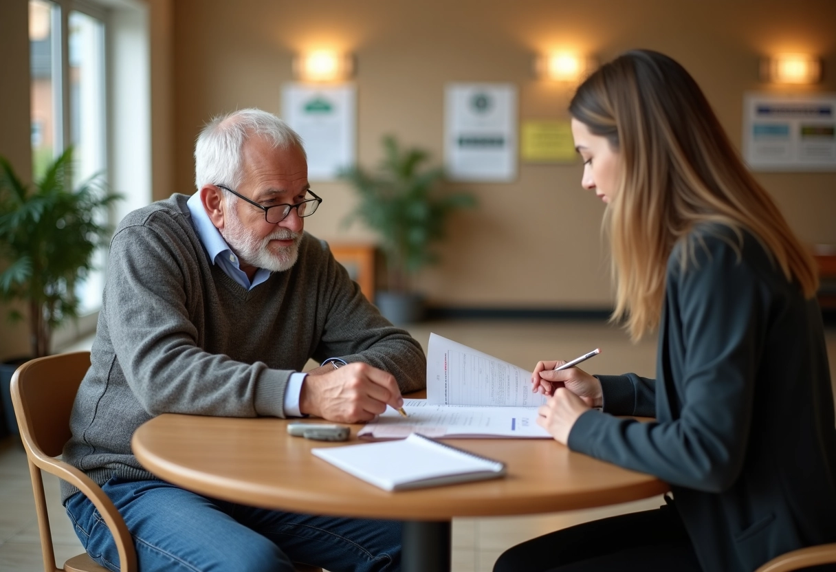 Homme retraité rencontrant une conseillère dans un centre communautaire