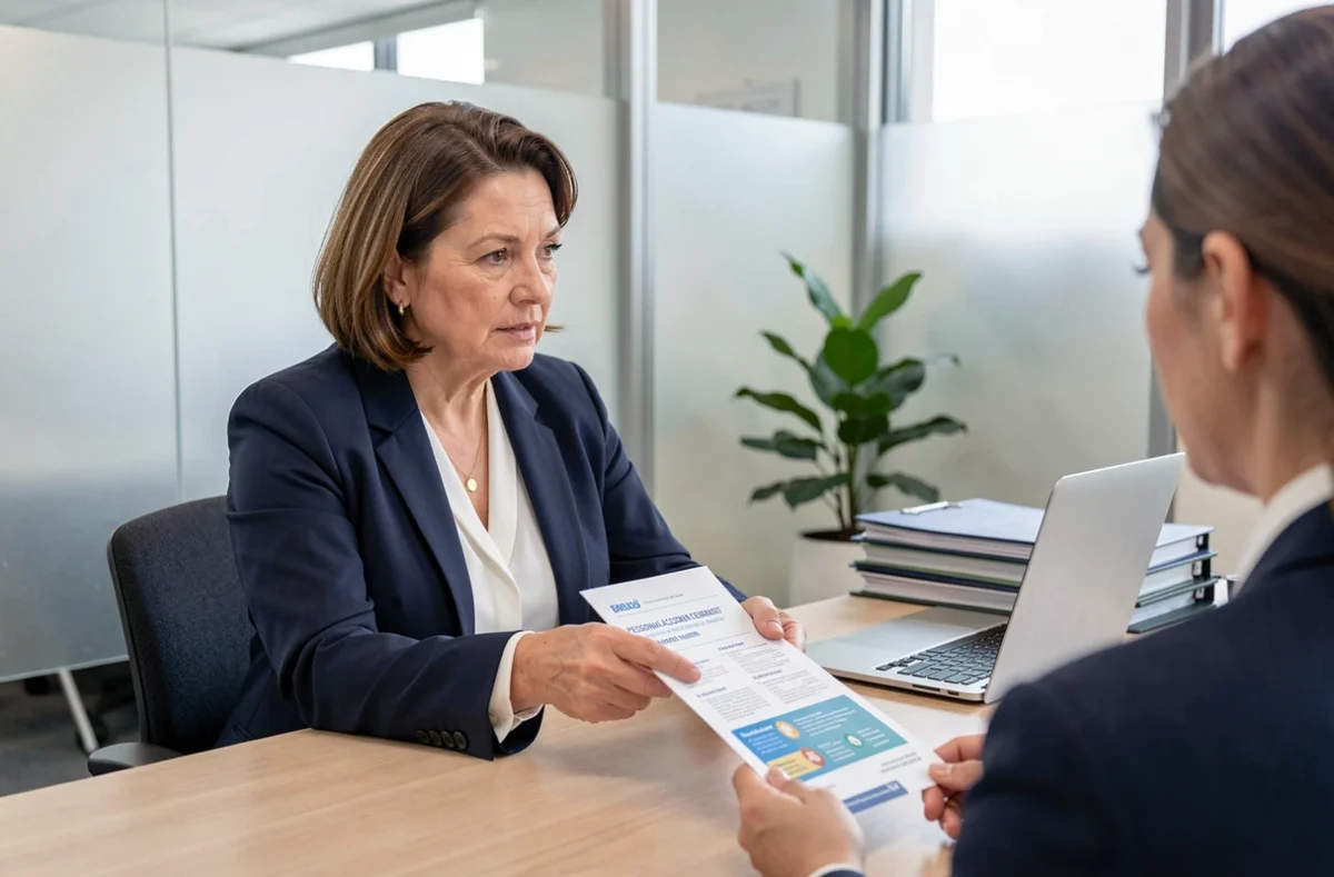 Conseillère en assurance expliquant un contrat d'assurance accident de la vie à un client dans un bureau professionnel