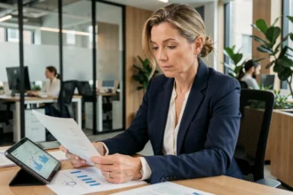 Conseillère financière analysant des documents SCPI dans un bureau moderne