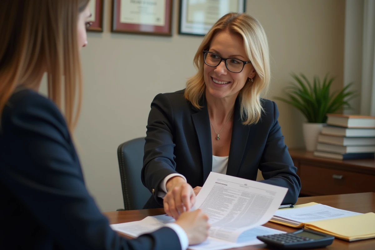 Conseillère fiscale expliquant à un client comment remplir la case 2BH de la déclaration de revenus dans un bureau professionnel