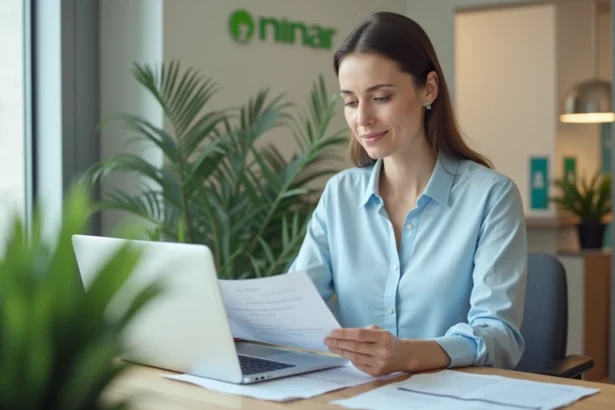 Femme consultant ses documents de compte courant dans une agence bancaire régionale moderne