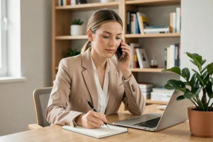 Femme professionnelle contactant ECA Assurance par téléphone depuis son bureau à domicile