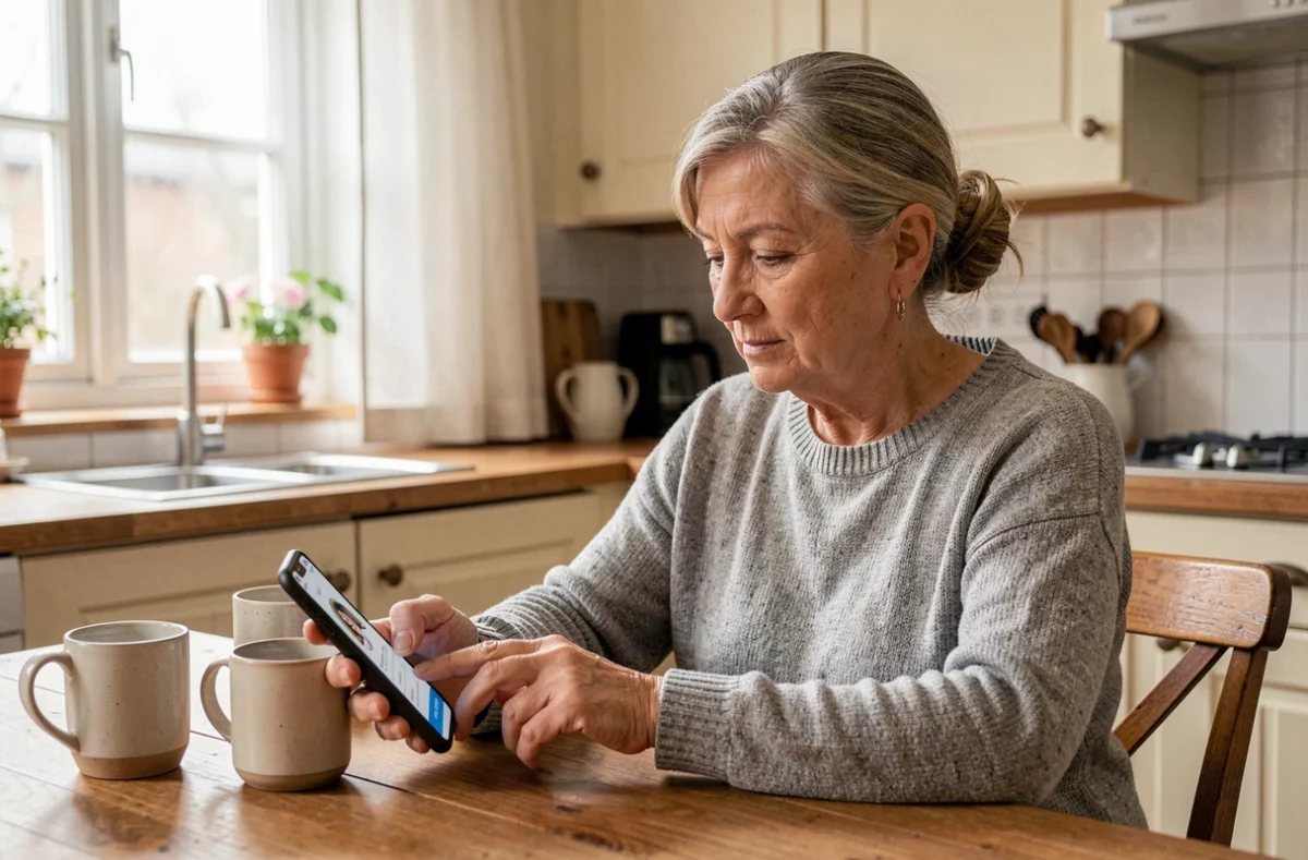 Femme d'âge mûr utilisant son smartphone pour joindre ECA Assurance sans attente depuis chez elle
