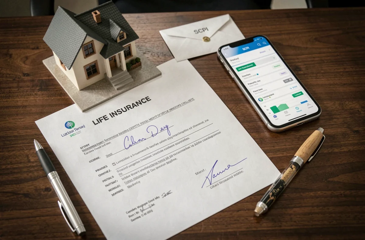 Vue aérienne d'un contrat d'assurance-vie signé, d'une maquette de maison et d'un smartphone affichant un portefeuille SCPI sur un bureau en noyer