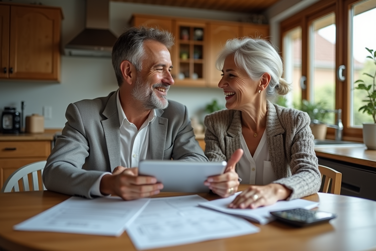 Couple souriant autour de documents de financement immobilier