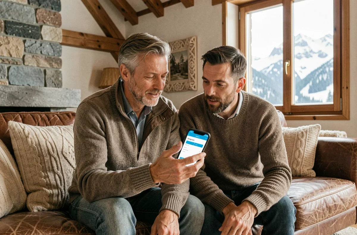 Couple utilisant une application bancaire mobile pour finaliser des démarches 100 % digitales avec le Crédit Agricole des Savoie depuis leur chalet alpin