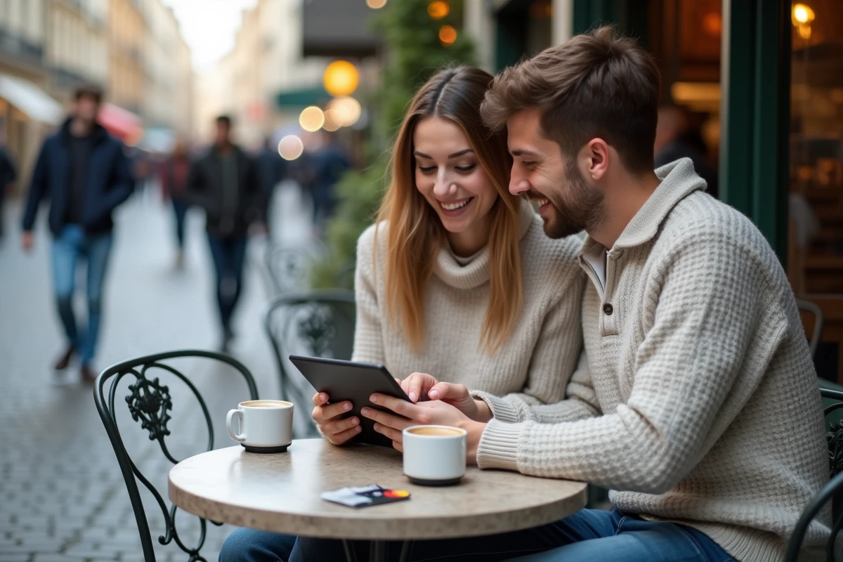 Couple consultant un relevé bancaire Crédit Agricole avec une carte Mastercard sur une terrasse de café parisien