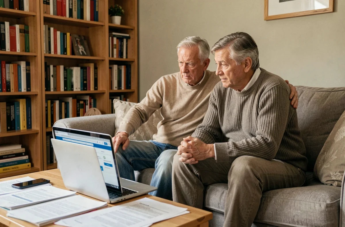 Un couple compare les avis et offres d'assurance emprunteur en ligne depuis leur salon