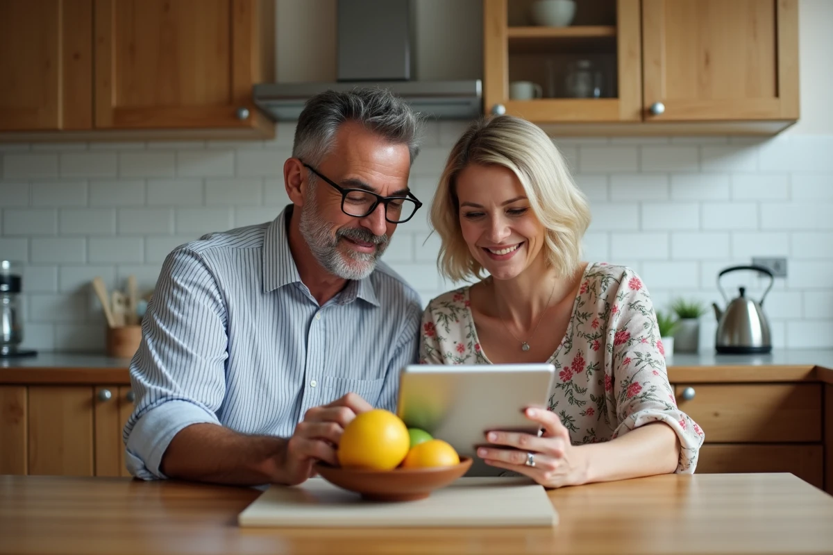 Couple consultant une confirmation de virement bancaire en ligne sur une tablette dans leur cuisine