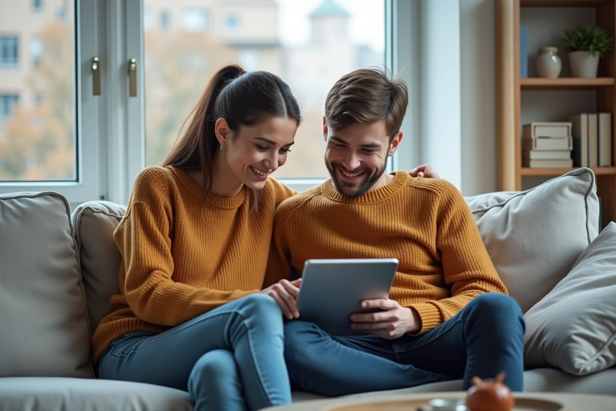 Couple de jeunes adultes consultant ensemble l'application Filibanque CIC sur une tablette dans leur salon