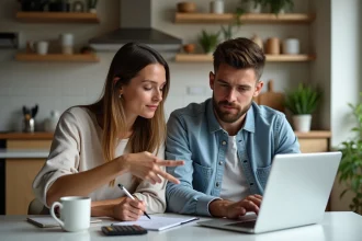 Jeune couple à la cuisine avec ordinateur et notes