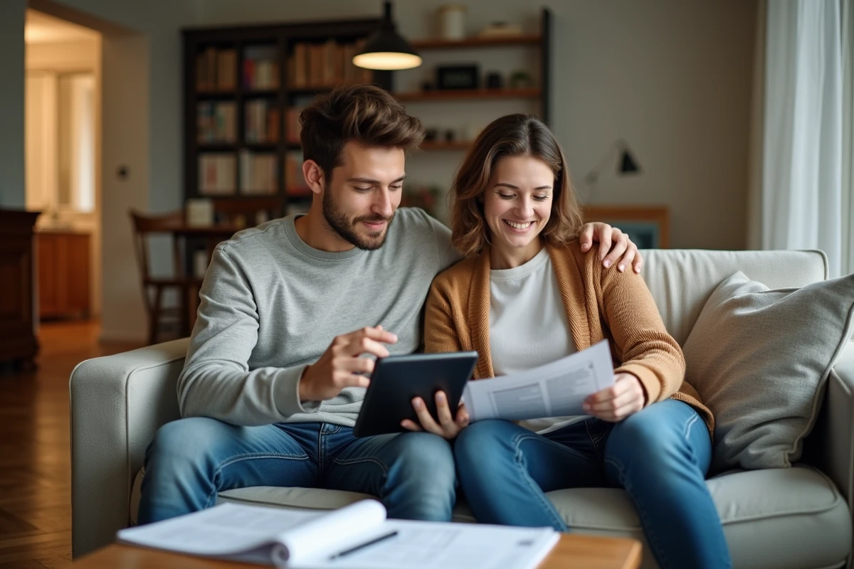Couple consultant des documents sur une tablette pour obtenir une aide d'urgence au paiement du loyer dans leur appartement