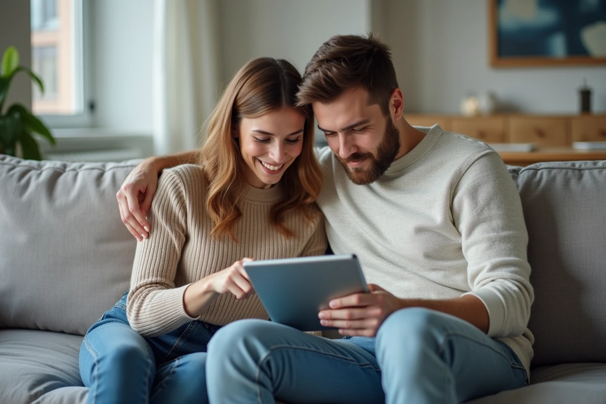 Couple consultant ensemble l'espace assurances de leur compte Crédit Agricole Vendée sur une tablette dans leur salon