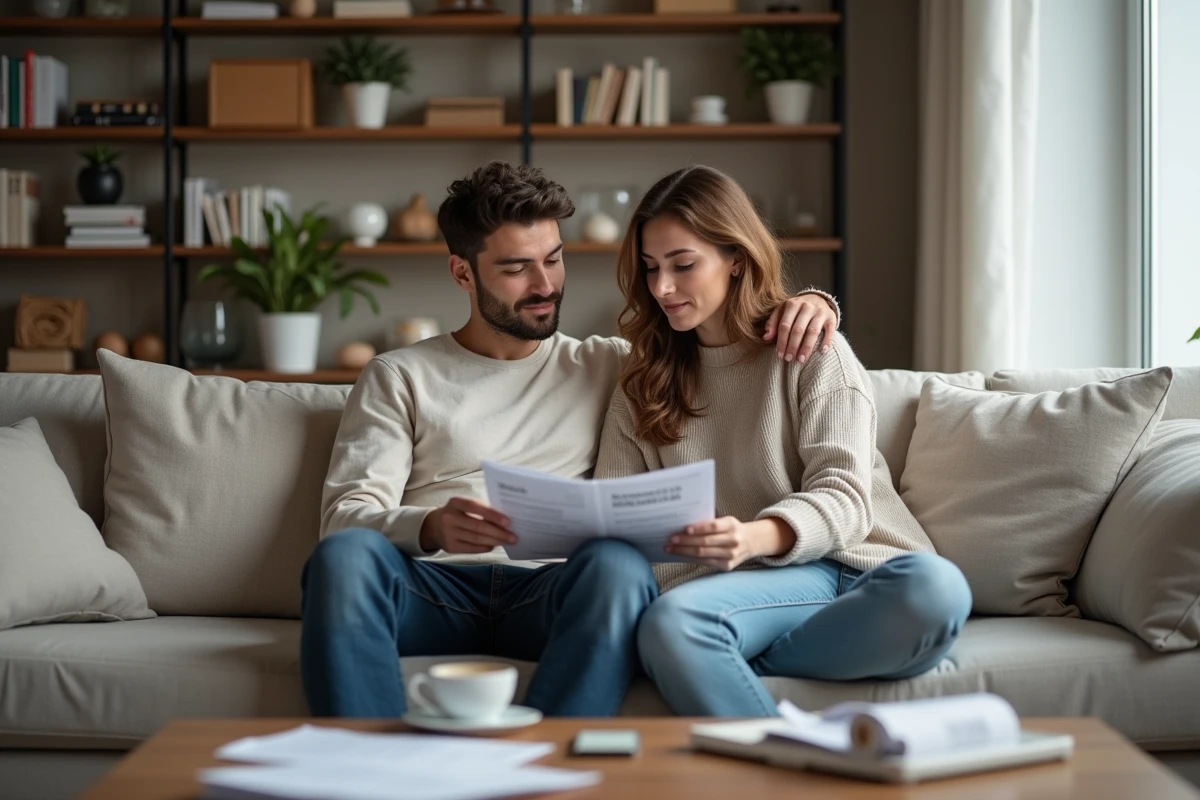 Couple révisant ensemble leurs dépenses mensuelles sur tablette et papiers dans un salon moderne pour optimiser leur budget