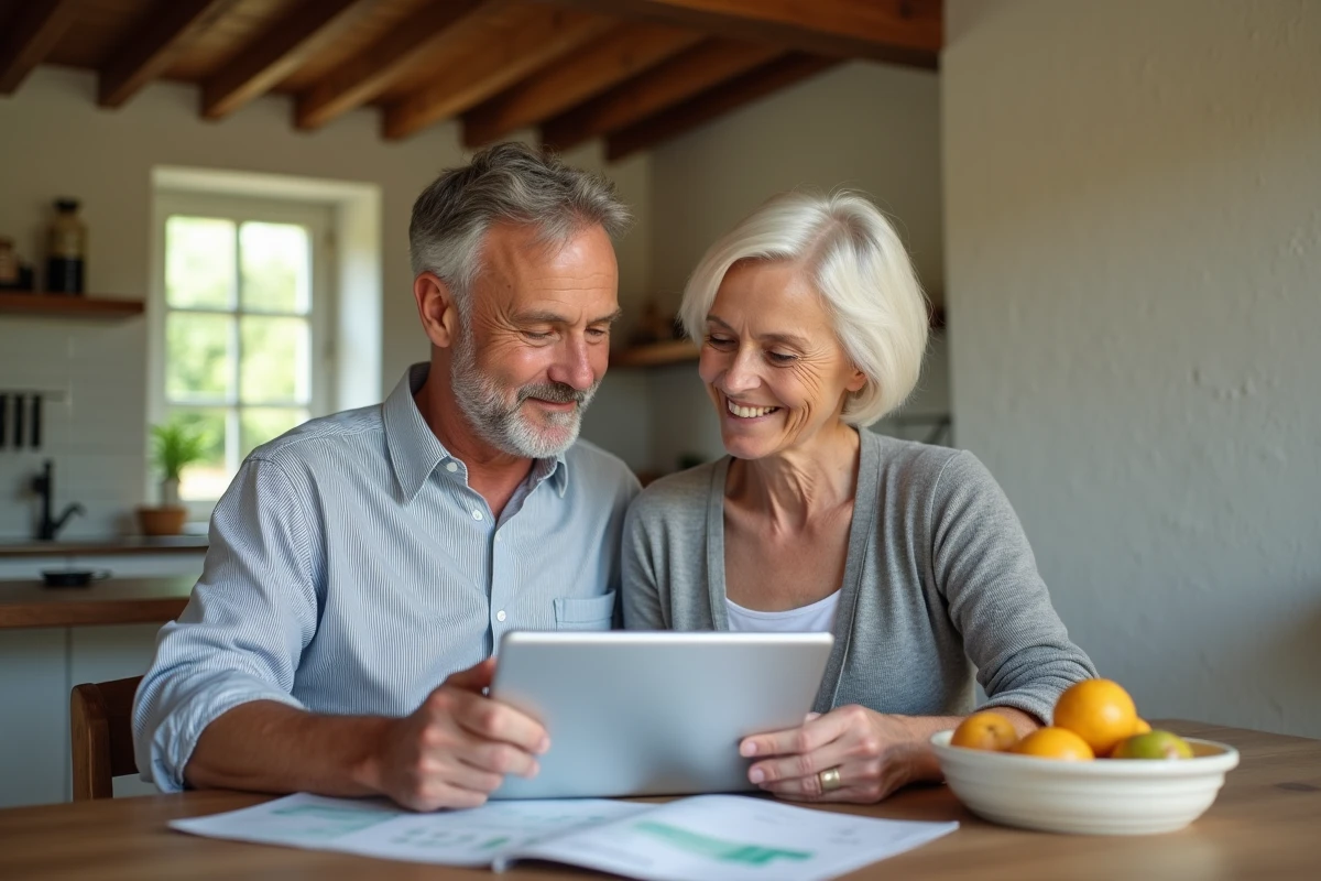 Couple consultant leur compte bancaire sur tablette dans une maison rurale du Gers