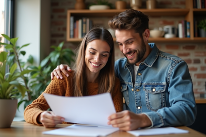Jeune couple lisant des documents dans une cuisine lumineuse