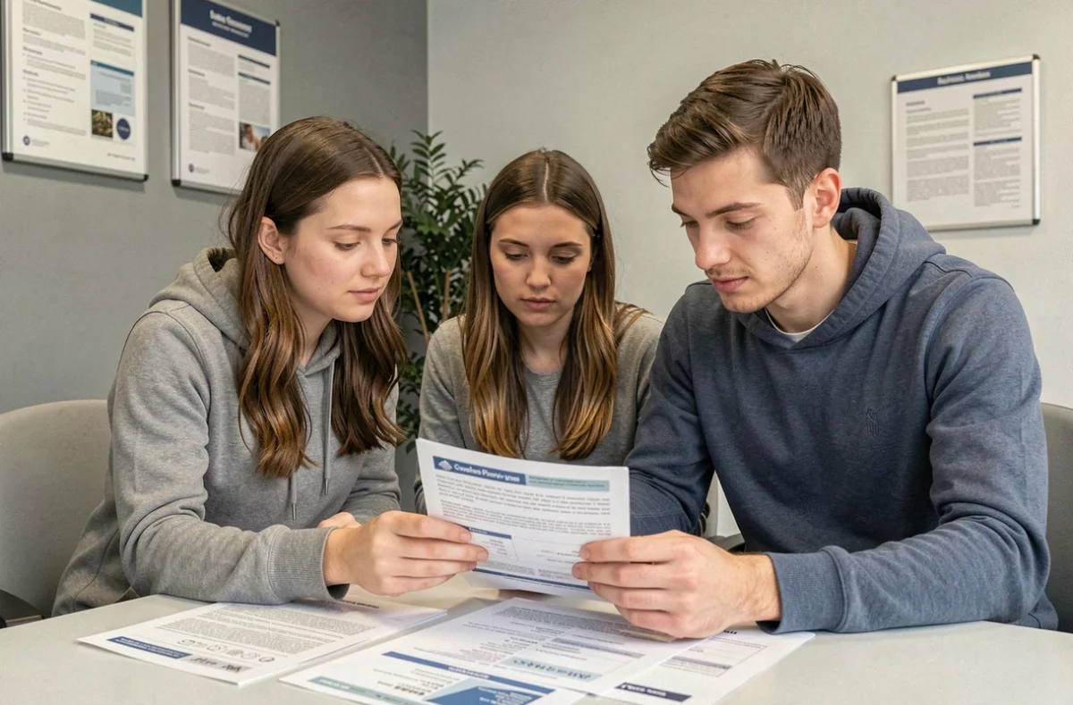 Couple en train de négocier les frais et conditions d'un crédit de 1500 euros auprès de leur conseiller bancaire