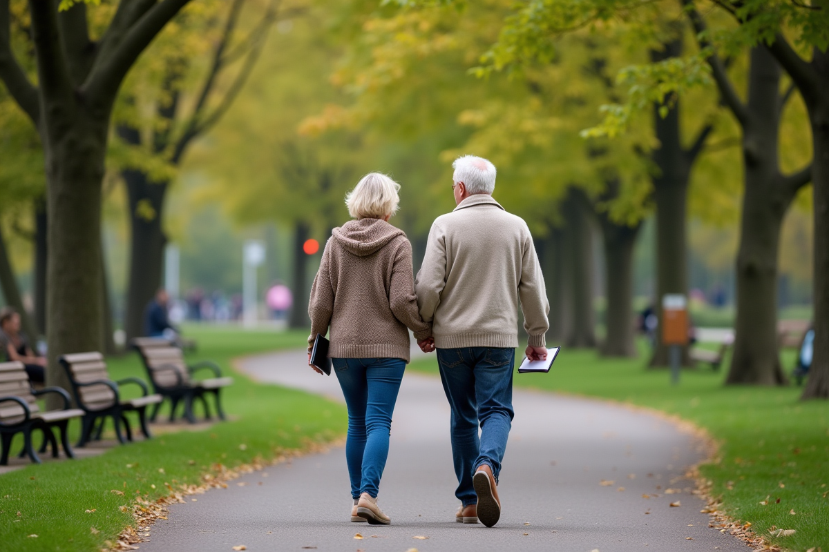 Couple retraité marche dans un parc en discutant