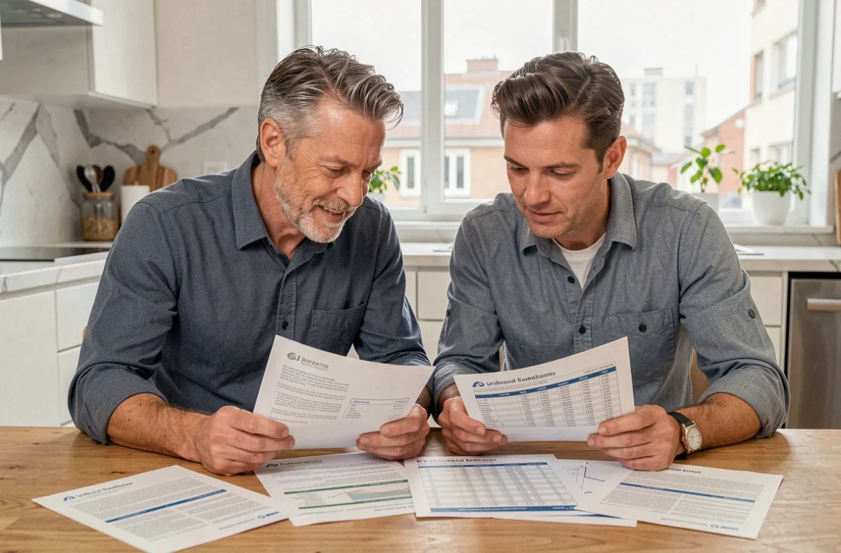 Un couple examine ensemble des documents de simulation de crédit pour investir dans des SCPI à leur domicile