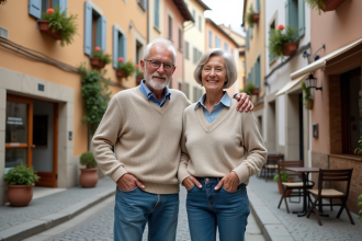 Couple retraité dans un village européen pittoresque