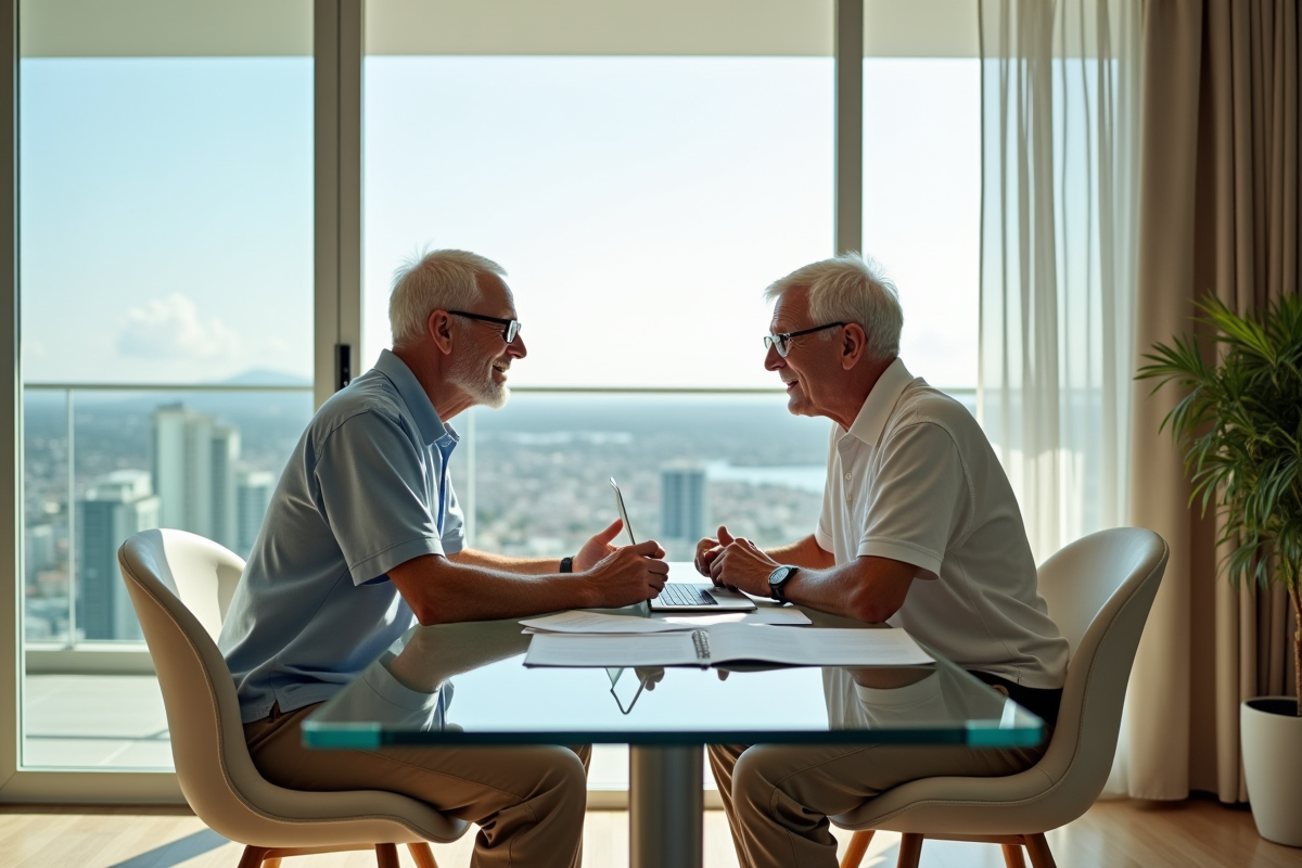 Couple retraité dans un appartement moderne avec vue sur la ville