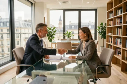 Courtier en assurance en réunion avec des clients dans un bureau moderne de la région Auvergne-Rhône-Alpes