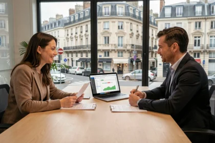 Courtier en crédit immobilier conseillant un client dans une agence du Val-d'Oise