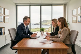 Courtier en assurance en réunion avec des clients dans un bureau moderne du Finistère avec vue sur la côte bretonne