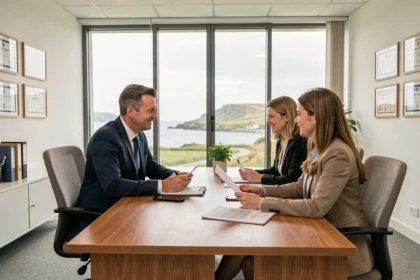 Courtier en assurance en réunion avec des clients dans un bureau moderne du Finistère avec vue sur la côte bretonne
