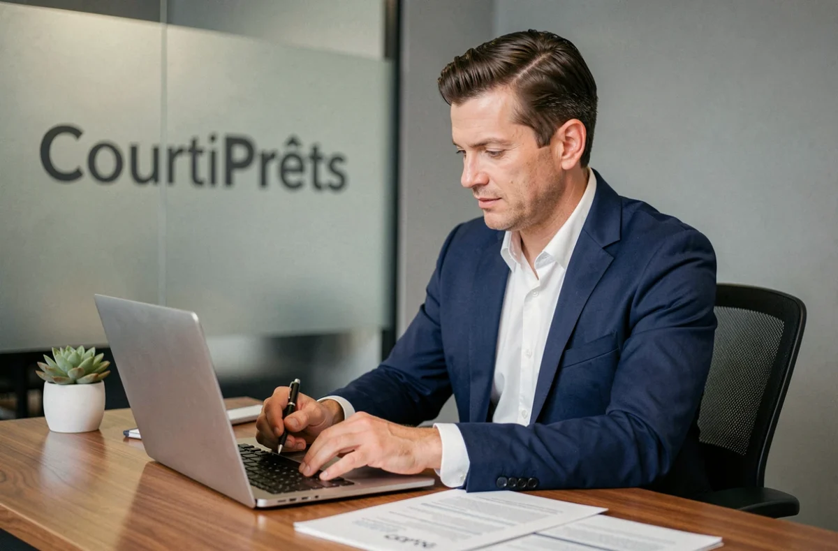 Conseiller du courtier CourtiPrêts examinant un dossier de prêt immobilier dans son bureau professionnel