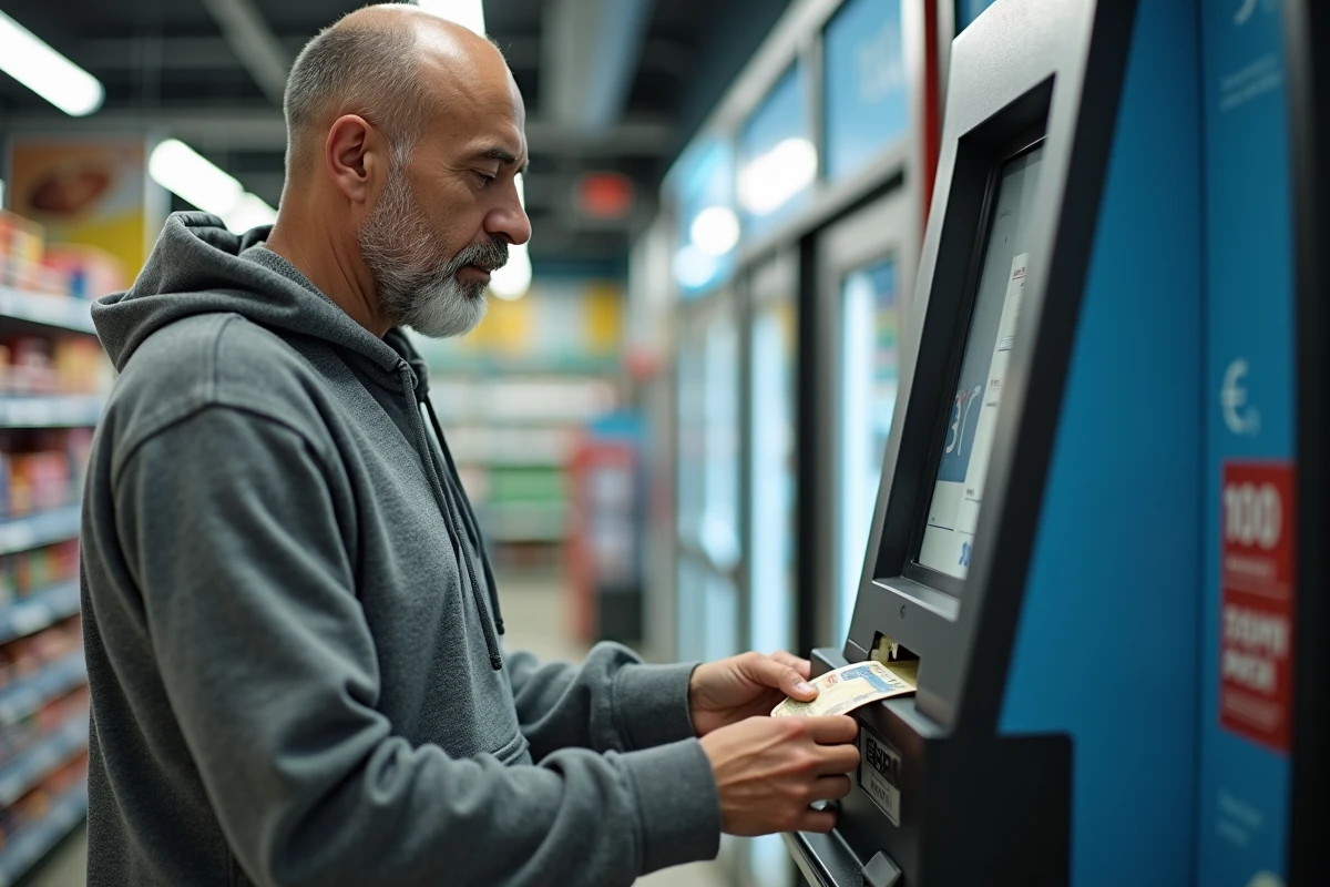 Homme insérant des billets en espèces dans un terminal de dépôt en libre-service pour approvisionner un compte Nickel