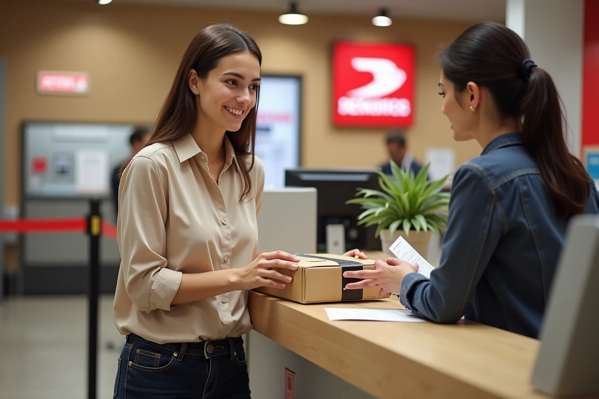 Femme déposant un colis de retour Amazon au comptoir d'un bureau de poste