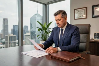 Dirigeant d'entreprise en costume marine examinant des documents financiers dans un bureau moderne avec vue sur la ville, illustrant la protection patrimoniale du chef d'entreprise