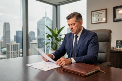 Dirigeant d'entreprise en costume marine examinant des documents financiers dans un bureau moderne avec vue sur la ville, illustrant la protection patrimoniale du chef d'entreprise