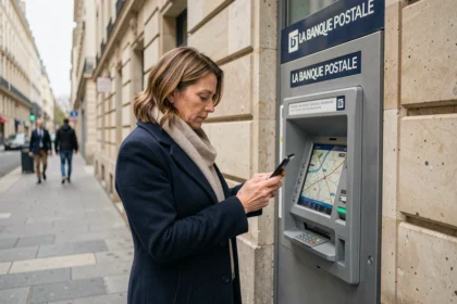 Femme devant un distributeur La Banque Postale en cherchant l'adresse sur son smartphone dans une rue parisienne