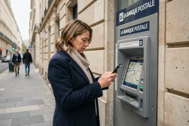 Femme devant un distributeur La Banque Postale en cherchant l'adresse sur son smartphone dans une rue parisienne