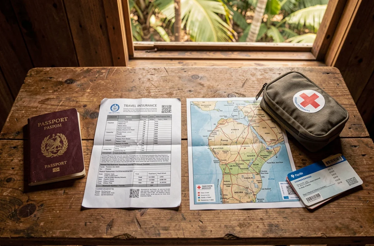 Documents de voyage incluant une assurance voyage, passeport et carte du Costa Rica posés sur une table en bois pour un départ préparé