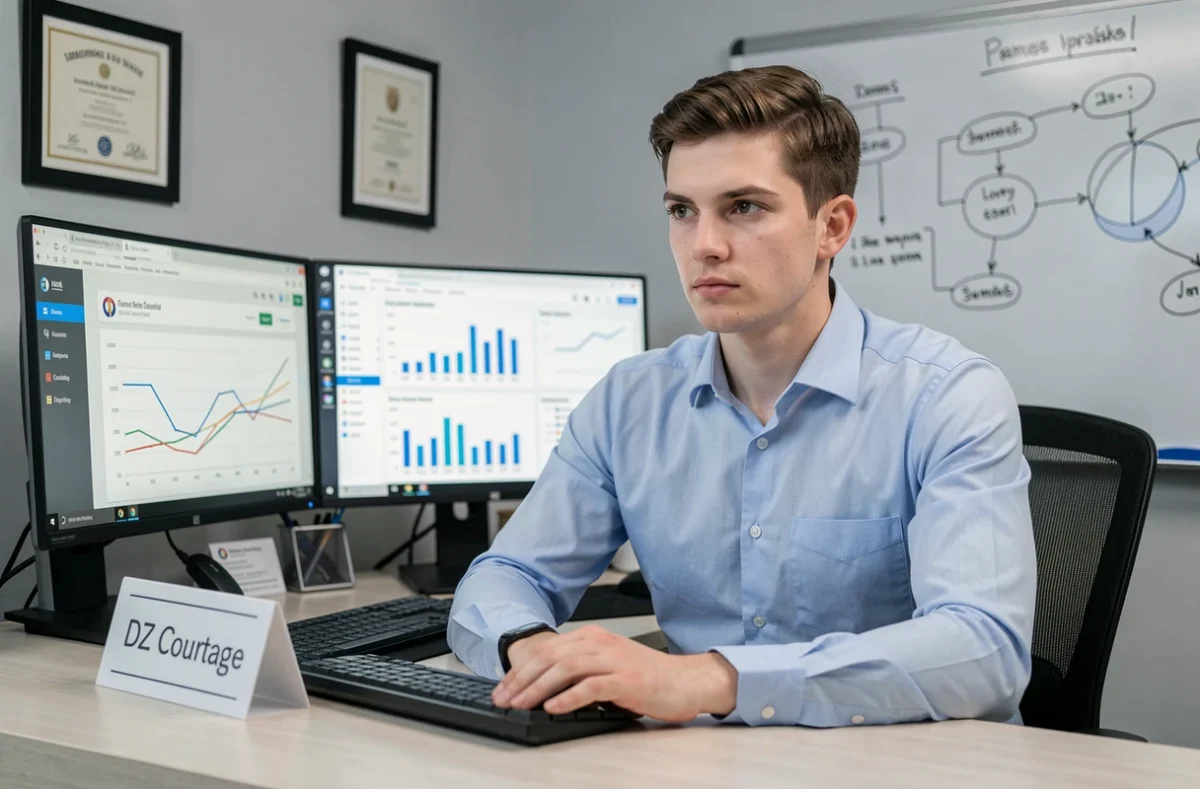 Consultant de DZ Courtage analysant des données d'assurance sur double écran dans un bureau moderne et professionnel
