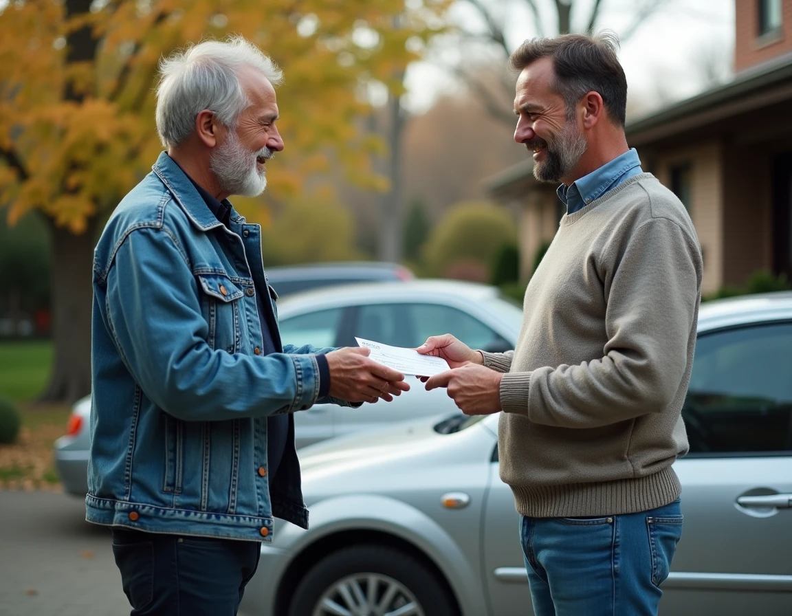 Deux hommes échangeant un chèque lors de la vente d'une voiture entre particuliers