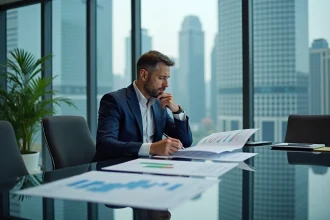 Économiste en costume analysant des graphiques financiers