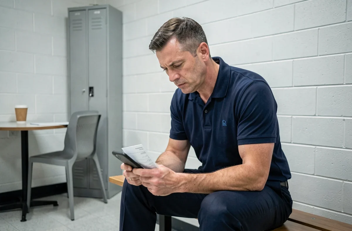 Employé en uniforme consultant son bulletin de salaire sur smartphone en salle de pause