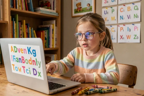Petite fille apprenant à lire sur un ordinateur portable avec le blog Ptitclic, assise à un bureau en bois entouré de livres et de crayons colorés