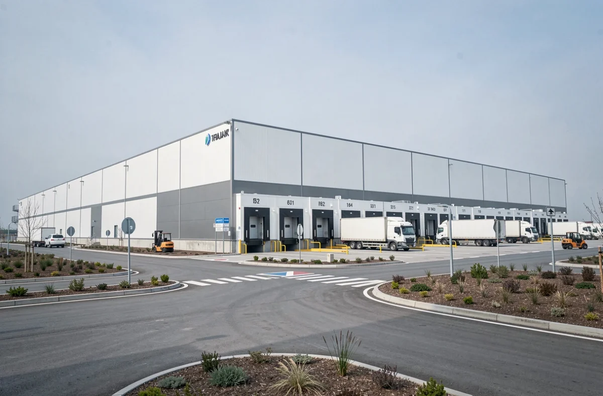 Entrepôt logistique moderne avec quais de chargement, représentant les actifs immobiliers sous-jacents d'une SCPI logistique
