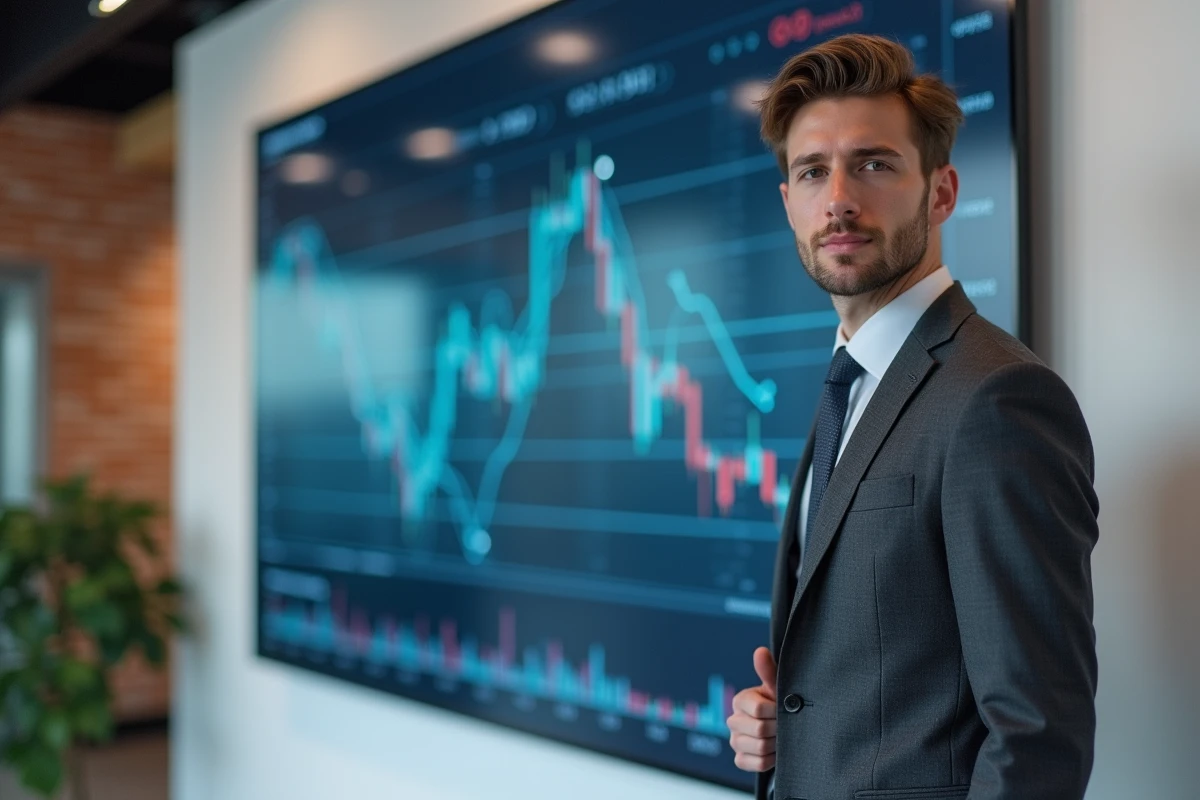 Entrepreneur en fintech debout devant un écran de données financières dans les locaux d'une startup, illustrant le profil d'un fondateur fortuné