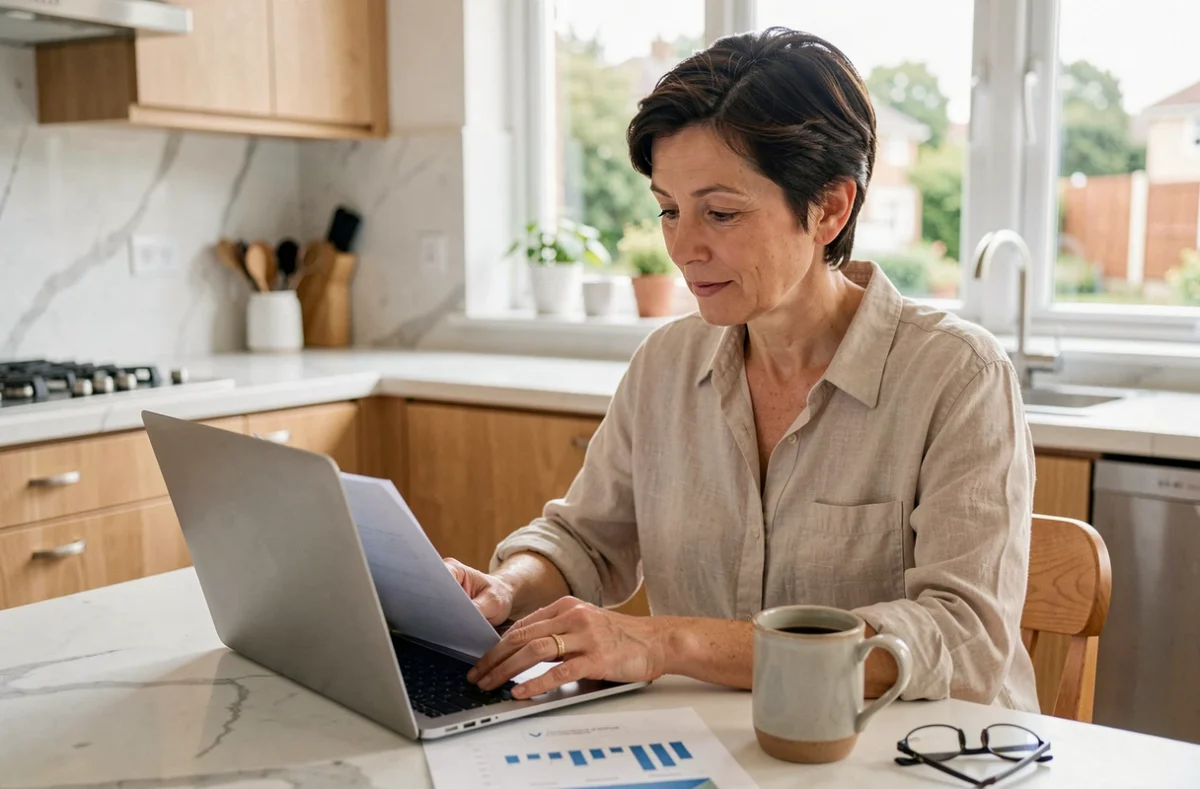 Femme épargnante consultant ses placements SCPI en assurance-vie sur un ordinateur portable depuis chez elle