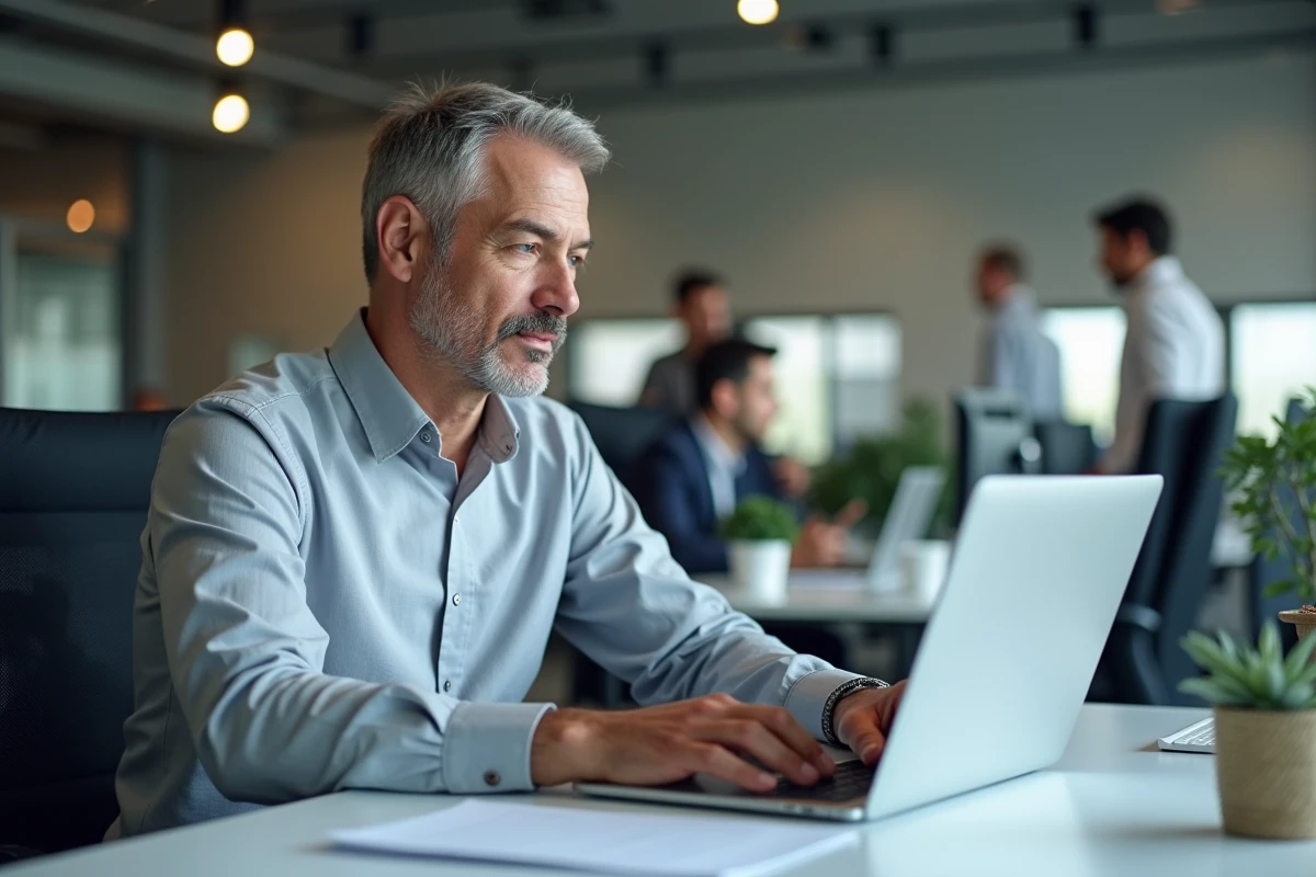 Homme connecté à l'espace client web de La Banque Postale pour consulter le plafond de virement instantané sur ordinateur portable
